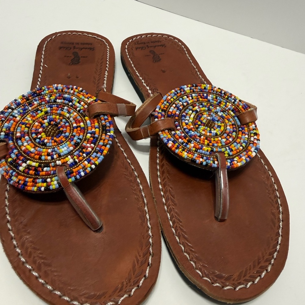 Handcrafted Beaded Leather Thong Sandals - Multicolor Bead Medallions, Sz 38